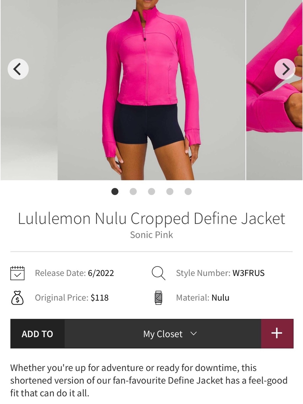 Lululemon Define Jacket - Sonic Pink Size 10 Nulu